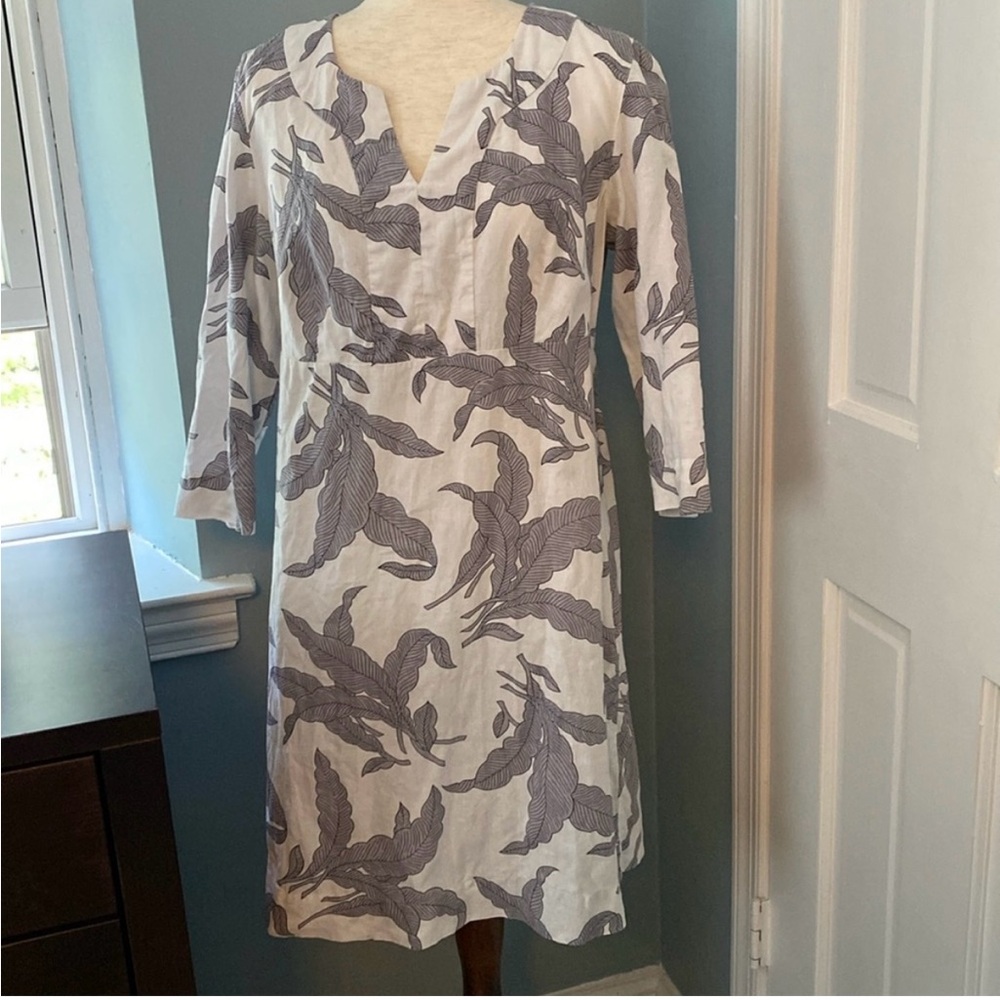 Boden Linen White and Gray Leaf Print Mini Dress
